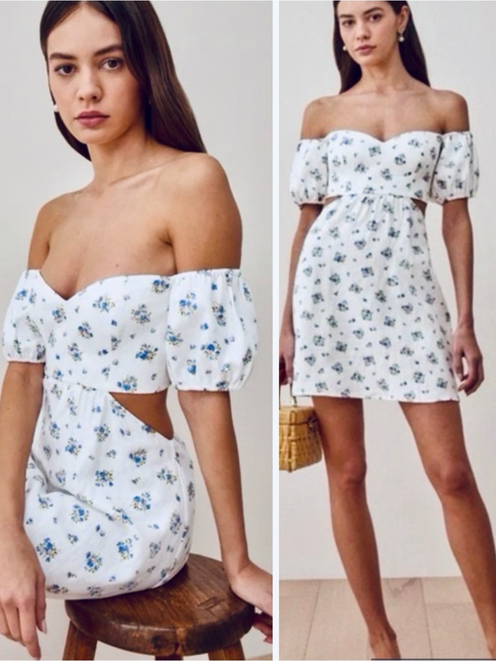 REFORMATION Emilia Linen Off Shoulder White Floral Cutout Mini Dress
